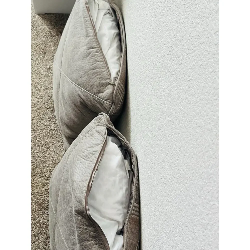Set 2 Plaid 100% Waterfowl Feather Pillows Beige Tan Gray Grey Checkered Suede